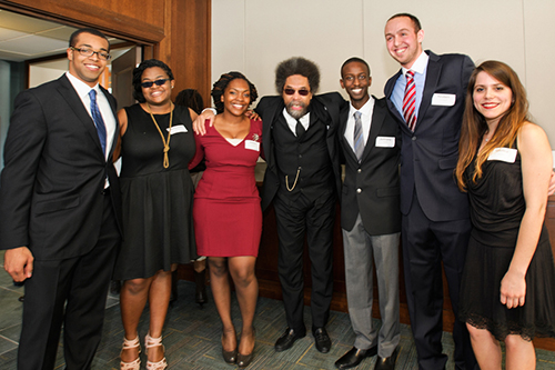 Joseph Anderson'13, Nanyamka Fleming '14, Athina Chartelain '13, Anthony Jackson '15, Reuben Dizengoff '15, and Gretha Suarez '15, pose for a photo with Cornel West, center.