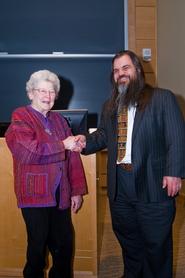 Patsy Couper W '44 welcomes Bryan Alexander to the Couper Lecture. Photo by Matt Poterba '12.