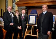 Athletic Director Jon Hind '80, President Joan Hinde Stewart, DSA recipient Dave Thompson, and Alumni Association President John Hadity '83.