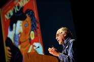 Art Spiegelman talks about the controversy surrounding his first <em>The New Yorker</em> cover during his lecture at Hamilton. The Valentine’s Day cover depicted a Hasidic Jew and black woman embracing and kissing.