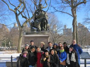 Program in New York City students and Professor Maurice Isserman in front of the Sir Walter Scott statue in Central Park.