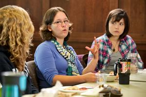 Jen Kleindienst '09 talks about her career with a group of students at Hamilton.