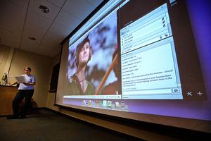 Music professor Lydia Hamessley teaches an online music class to alumni in 2013.