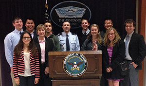Program in Washington students at the Pentagon with Lt. Col. Eric Hannis '90, center, and professor Sharon Rivera.