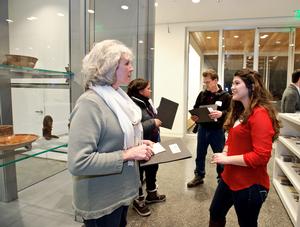 Student docent Ianna Recco '16, right, chats with teacher Sheila Nadeau during an educators event at the Wellin Museum.