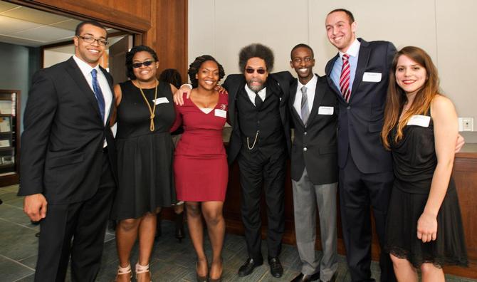 Joseph Anderson'13, Nanyamka Fleming '14, Athina Chartelain '13, Anthony Jackson '15, Reuben Dizengoff '15, and Gretha Suarez '15, pose for a photo with Cornel West, center.