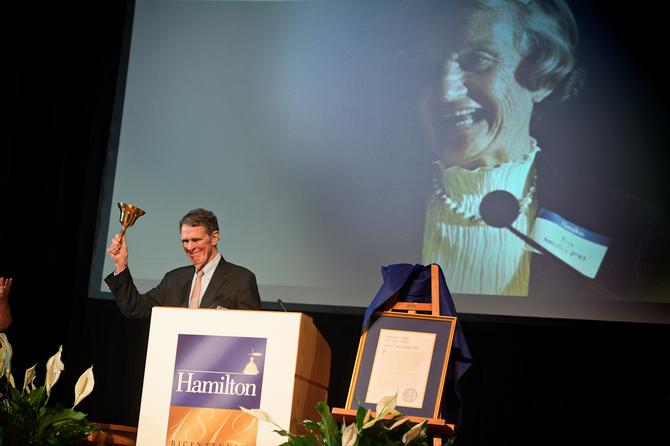 David Smalley accepts the Bell Ringer Award in memory of his late wife Trix P'93.