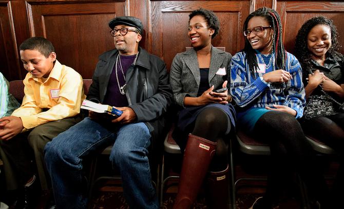 Spike Lee, second from left, visits with Hamilton students before his lecture.