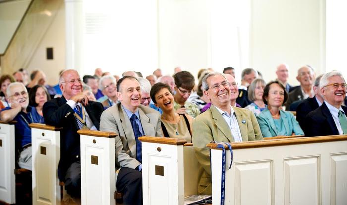 The audience listens to Jim Memmott '64 present the Half-Century Class Annalist Letter at the Annual Meeting of the Alumni Association.