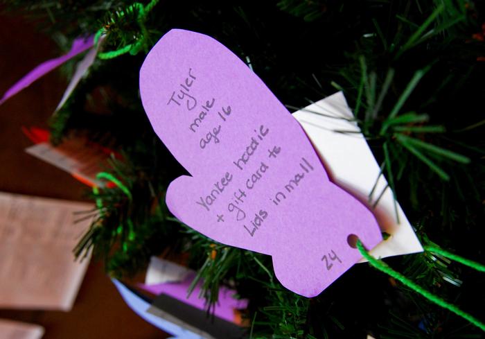92 mittens are marked with children's holiday gift requests.