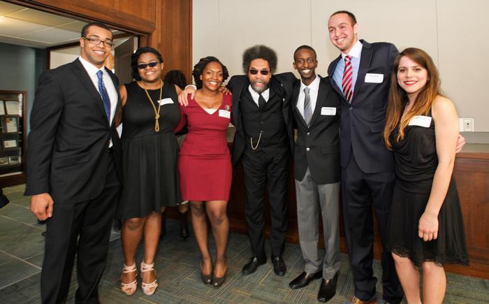 Joseph Anderson'13, Nanyamka Fleming '14, Athina Chartelain '13, Anthony Jackson '15, Reuben Dizengoff '15, and Gretha Suarez '15, pose for a photo with Cornel West, center.