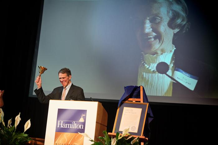 David Smalley accepts the Bell Ringer Award in memory of his late wife Trix P'93.