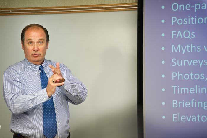 George Baker '74 talks to his senior seminar in lobbying class. PHOTO: BY NANCY FORD