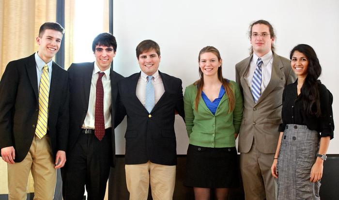 Public Speaking Competition winners Hunter Green '16, Jack Boyle '15, Daniel Lichtenauer '14, Mia Falzarano '13, Evan Van Tassell '13 and Sandhya Rao '15.