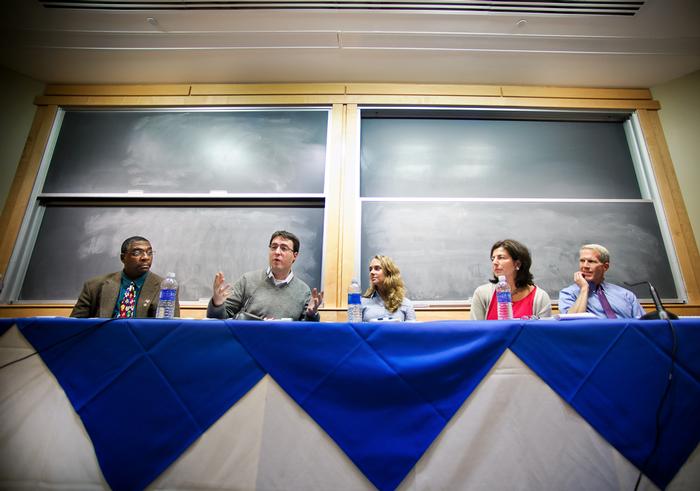 Alon Hillel-Tuch '07, second from left, speaks during the panel. Other panelists from left, Mark Montgomery, Haley Reimbold '06, Nancy Roob '87 and Steve Culbertson '79.