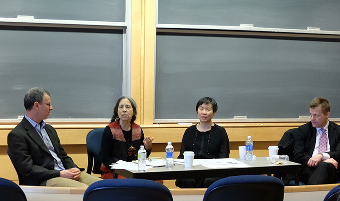 From left moderator Visiting Assistant Professor of English and Creative Writing Benj Widiss and International Festival Writers Cecilia Vicuña, Larissa Lai and Christian Bök.