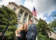 Amy Soenksen '13 and Knute Gailor '13, recipients of Levitt Public Service summer internships, pose in front of the Department of Justice in Washington, D.C. The students worked with Department of Justice paralegals and attorneys prepping cases for trial.