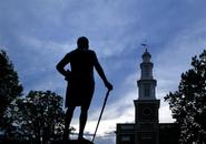 The statue of Alexander Hamilton keeps watch over the Chapel as Bicentennial Kickoff Weekend activities begin.