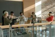 The Hamilton College Brass Ensemble performing in the science atrium.
