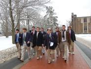 The Buffers trek across campus on their way to the next Buffergram in the Science Center.