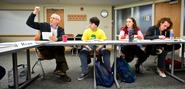 Professor Dan Chambliss encourages comment in the Great Books seminar as Joe Simonson '15 Morgan Lane '16, and Mark Parker-Magyar '15 look on.