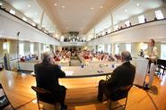 Colgate Professor Bruce Selleck and former DEC deputy commissioner Stuart Gruskin spoke in the Chapel on hydrofracking. Hamilton Professor Eugene Domack moderated.