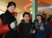 Martin Connor '09, Dan Cymbal '08 & Lesley Ryder '11 enjoy their new mugs. Photo: Melissa Balding