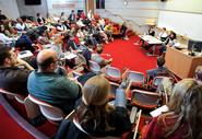 Students and faculty packed the Red Pit to hear alumni talk about what they did with a degree in philosophy.