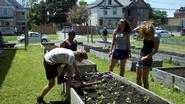 Gabe Burford, Lilian Kiraka, Margaret Hylas and Ali Crivellli work in a Utica garden.