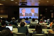 Students gathered in Sadove to watch the debate and record their responses.