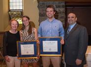 L to R: Women's soccer coach Colette Gilligan, Alex Rimmer '13, Mike MacDonald '13, football coach Andrew Cohen.