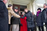 Hamilton president Joan Hinde Stewart, fourth from right, with Rust to Green donors and colleagues.