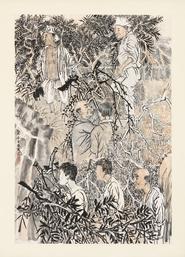 Yun-Fei Ji. The Loggers, 2015. Ink and watercolor on Xuan paper mounted on silk, 42 5/8 x 30 11/16 in. (108.2 x 78 cm). Courtesy of the artist and Zeno X Gallery