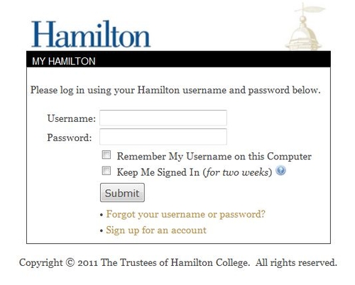 My Hamilton login screen