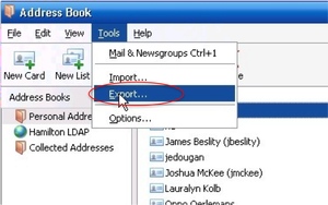 PC address book to tools then export