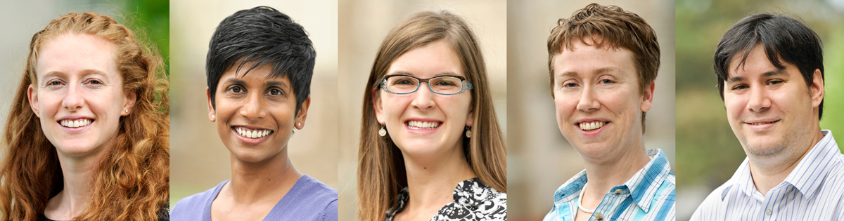 New tenure-track members of the faculty (from left to right) Catherine Beck, Farah Dawood, Cynthia Downs, Quincy Newell and Javier Pereira.