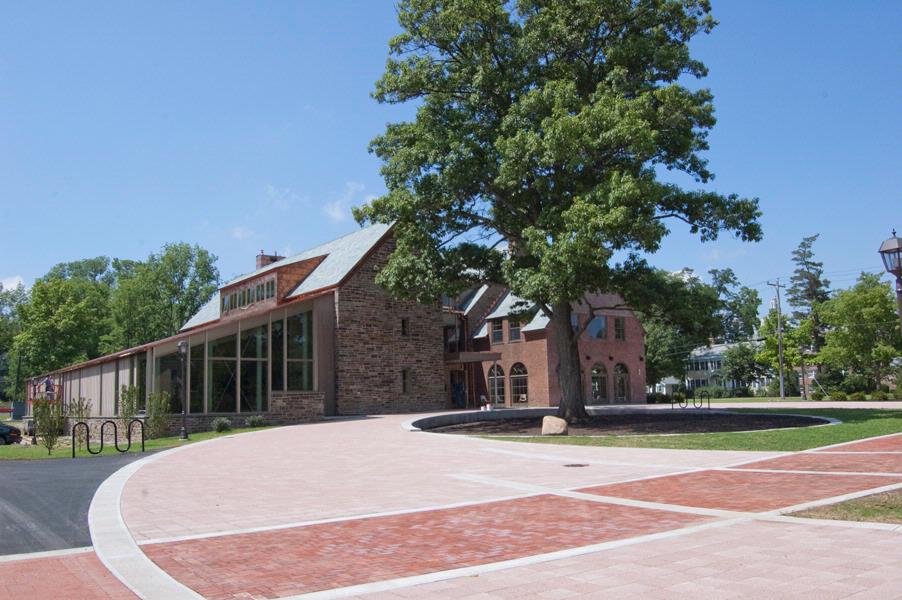 A view of the new bookstore at the Sadove Student Center from the Fillius Events Barn.