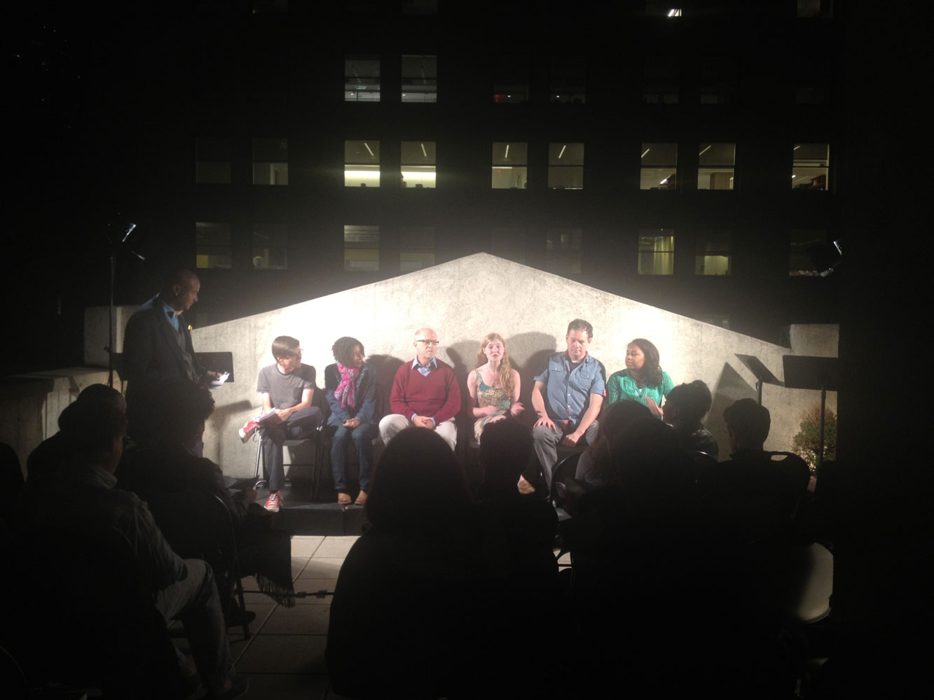 Wynn Van Dusen '15, 4th from left, participates in a talkback with other writers at the Red Shirt Festival.