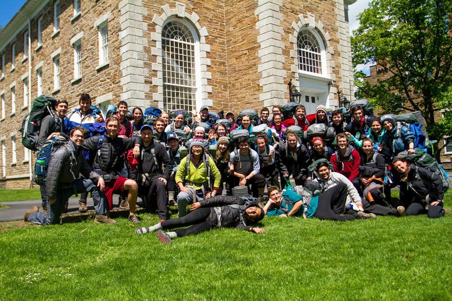 Students involved in pre-orientation programs gather outside the Chapel before training begins.