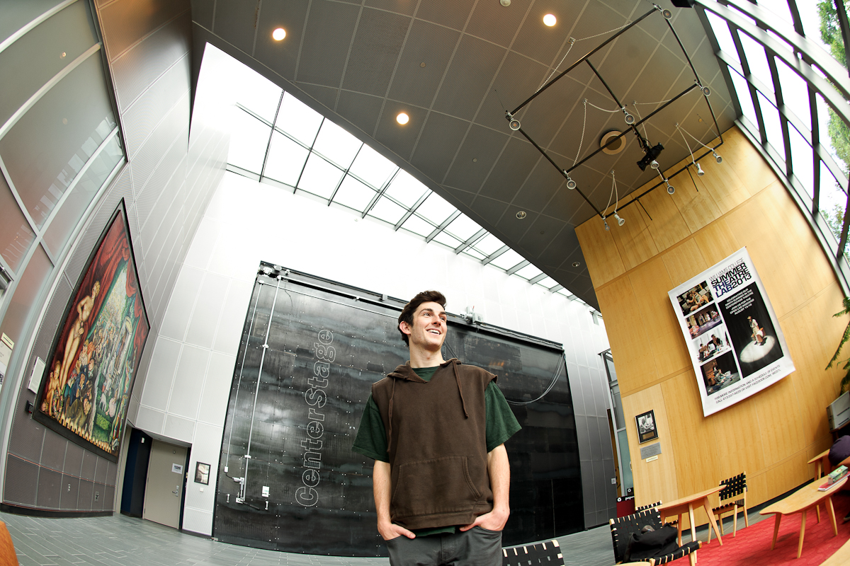 Brian Evans '15 poses in the lobby at his internship at the Williamstown Theatre Festival.