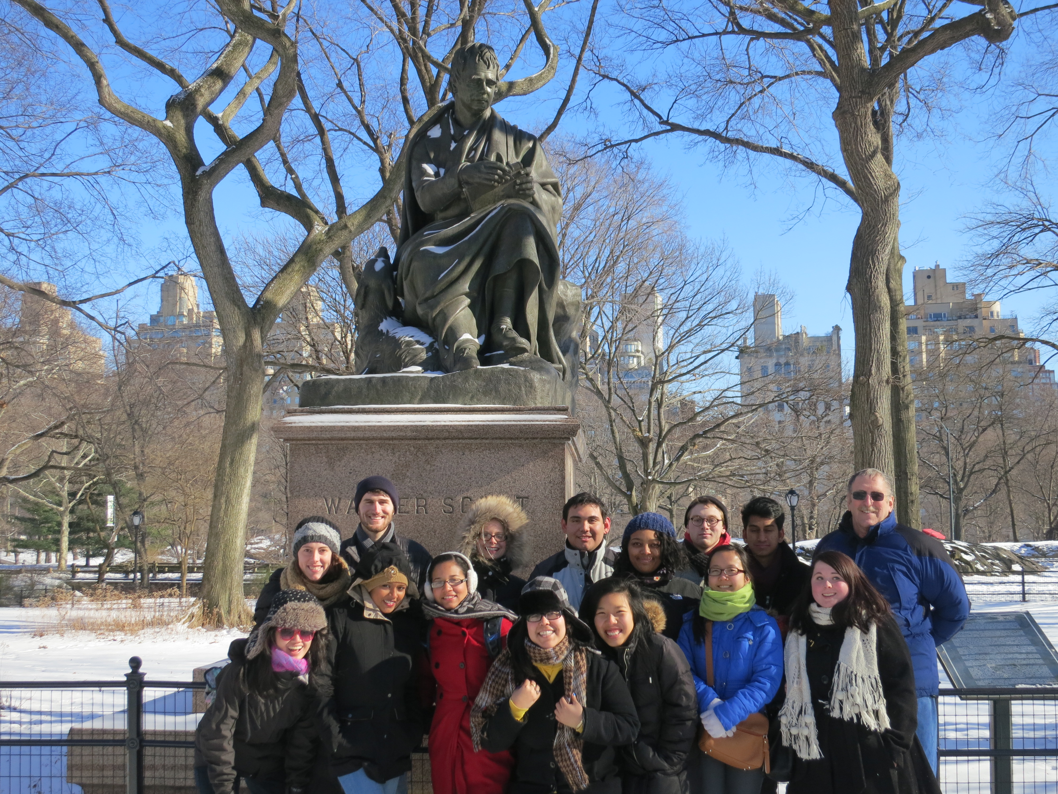 Program in New York City students and Professor Maurice Isserman in front of the Sir Walter Scott statue in Central Park.