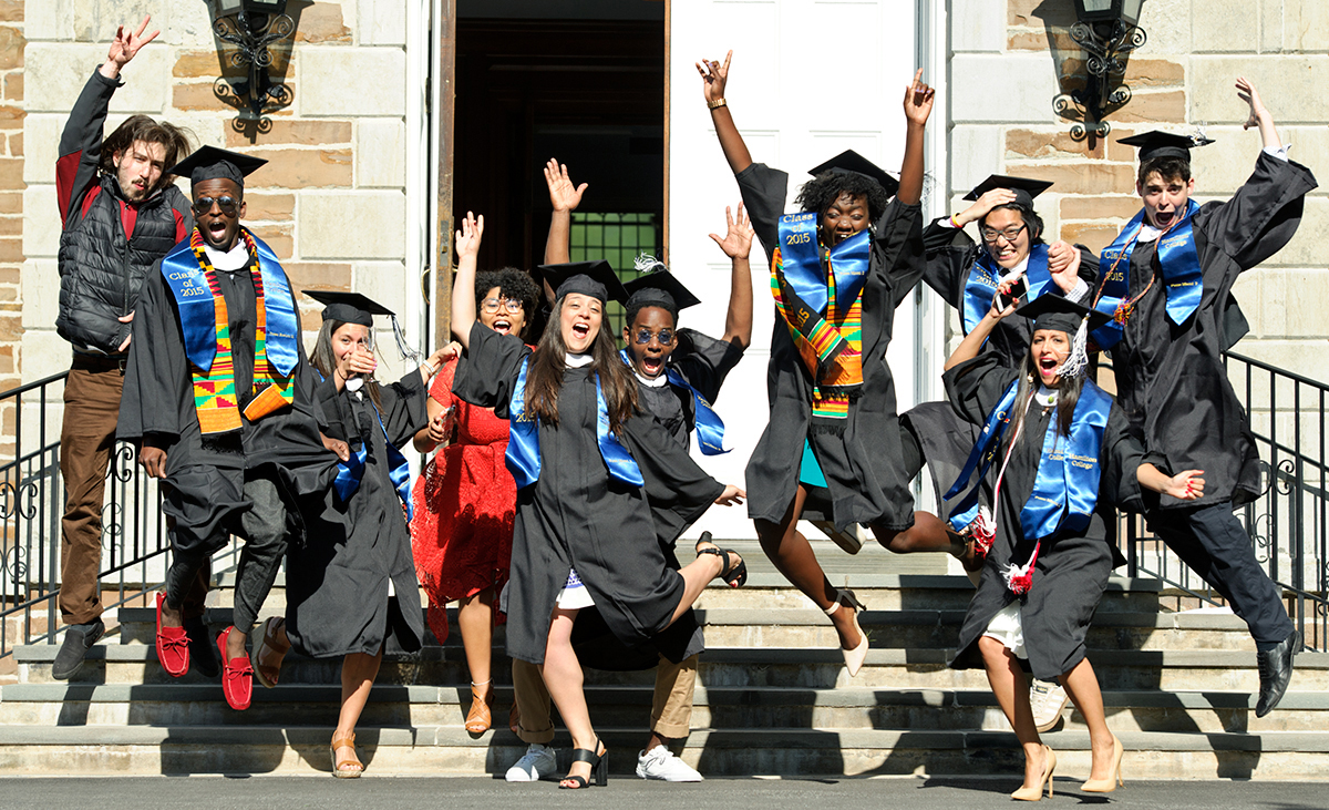 Hamilton's Class of 2015 Posse graduates celebrate outside the Chapel.