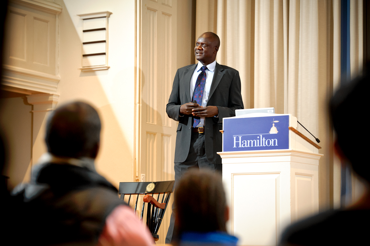 Former Lost Boy of Sudan John Dau speaks in the Hamilton Chapel on Feb. 3.