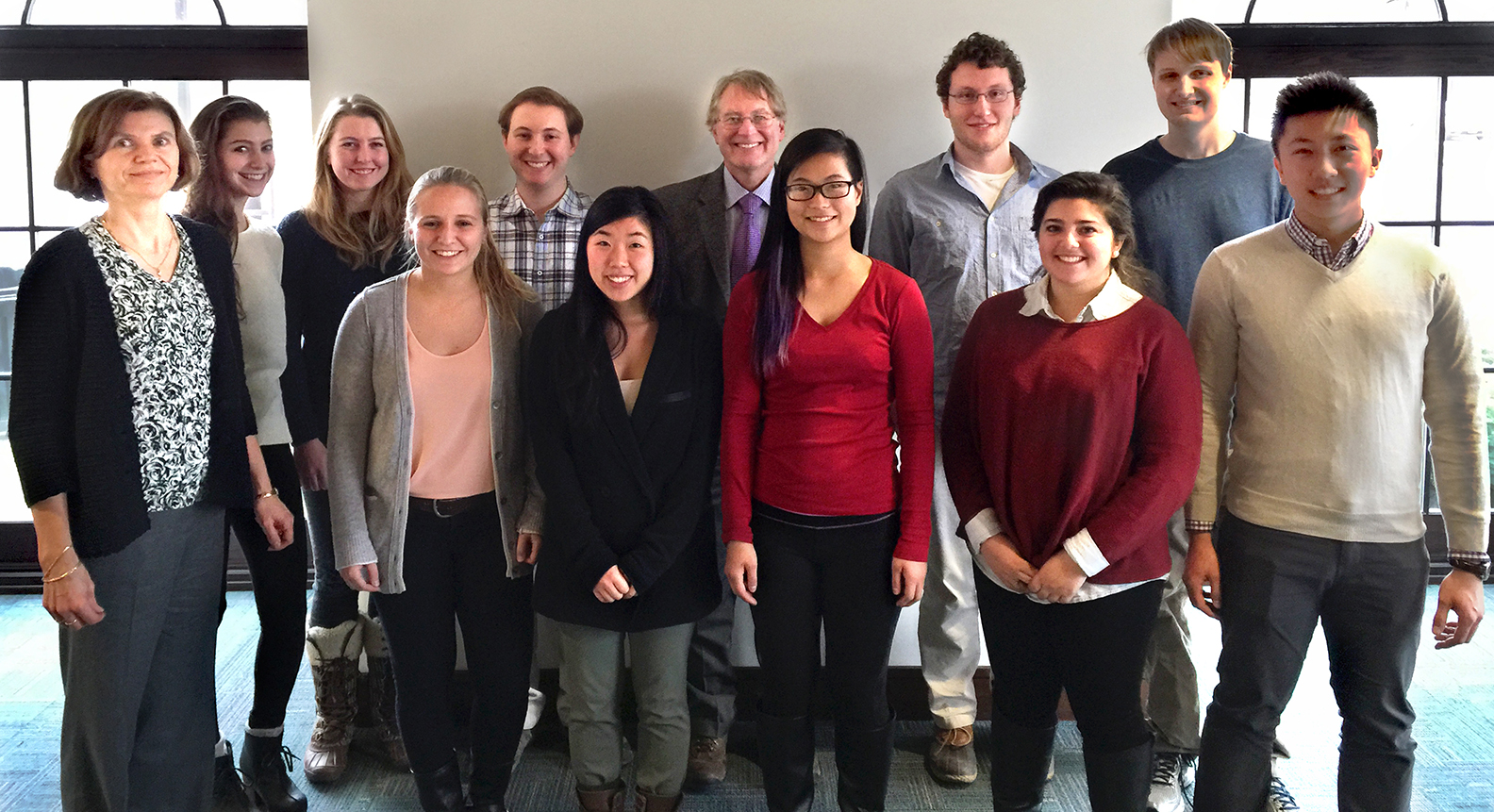 Front: Professor Myriam Cotten Sophie Mayeux '15 Deanna Cho '15 Sandy Wu '16 Ashley Carducci '15 Andy Chen '16, back: Sydney Feinstein '15 Hannah Ellerbrock '15 Alex Kaplan '16 Professor Ken Dill Mason Schoeneck '15 Kevin Boettger '15