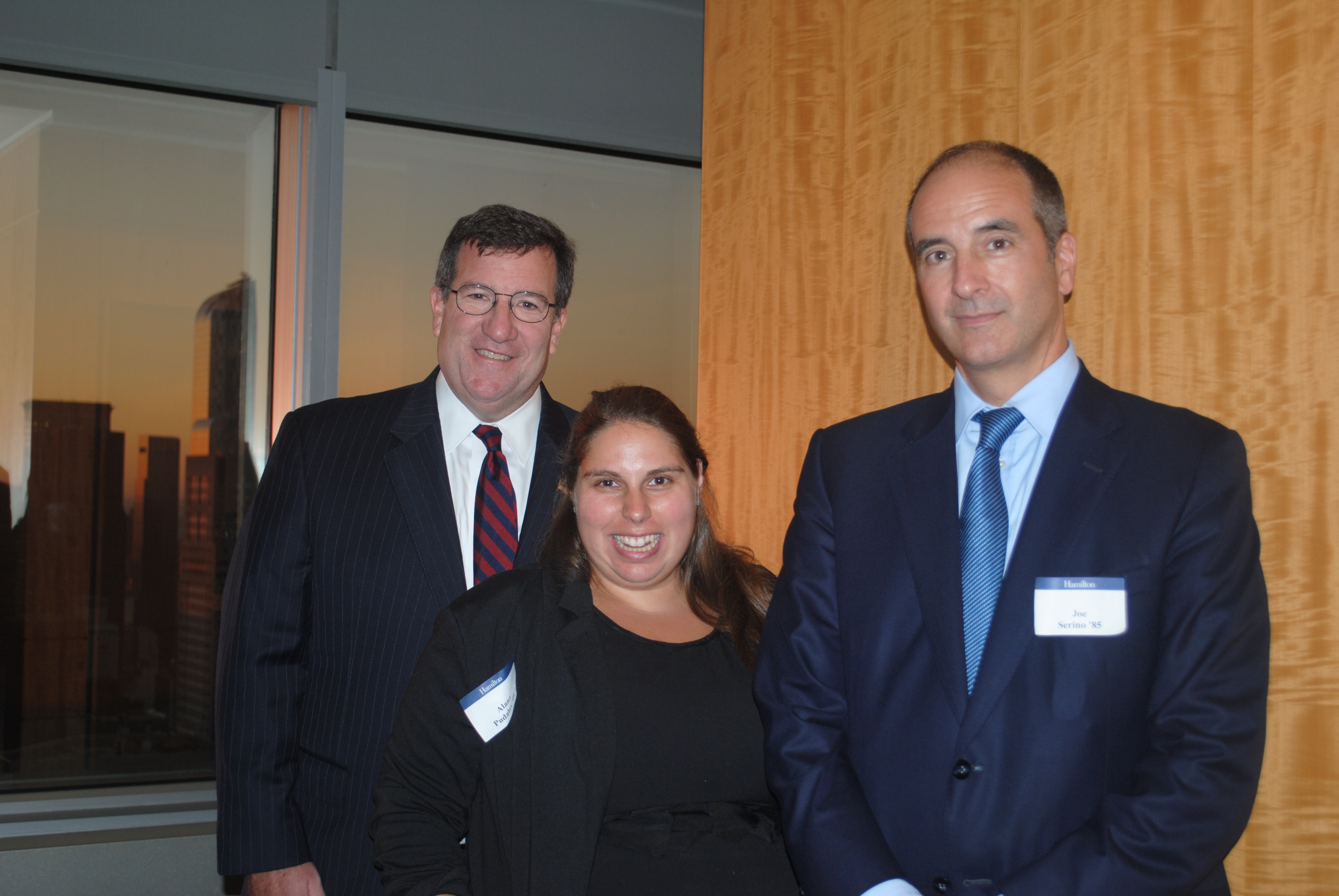 From left to right: Dan Connolly '85, P'18; Stacy Sadove '07; Joe Serino '85