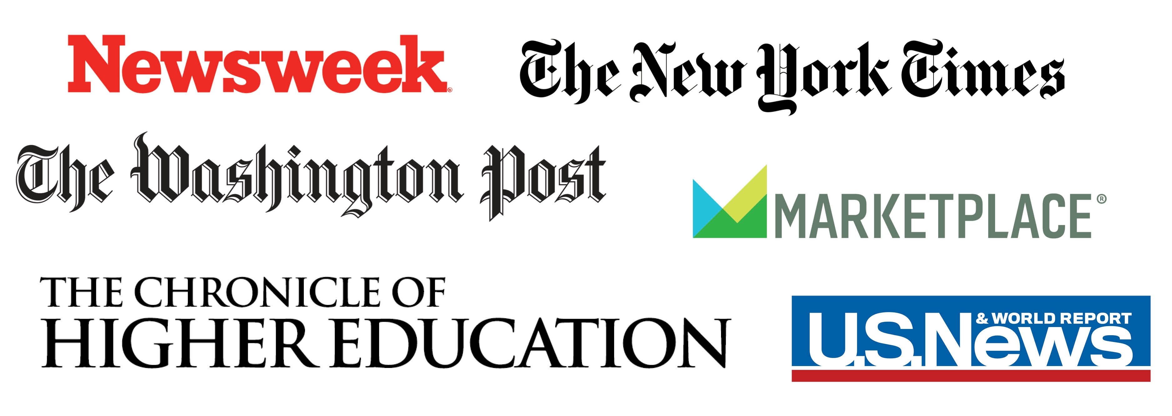 A collage of national media outlet logos, including Newswee, The New York Times, The Washington Post, Marketplace, The Chronicle of Higher Education, U.S. News & World Report
