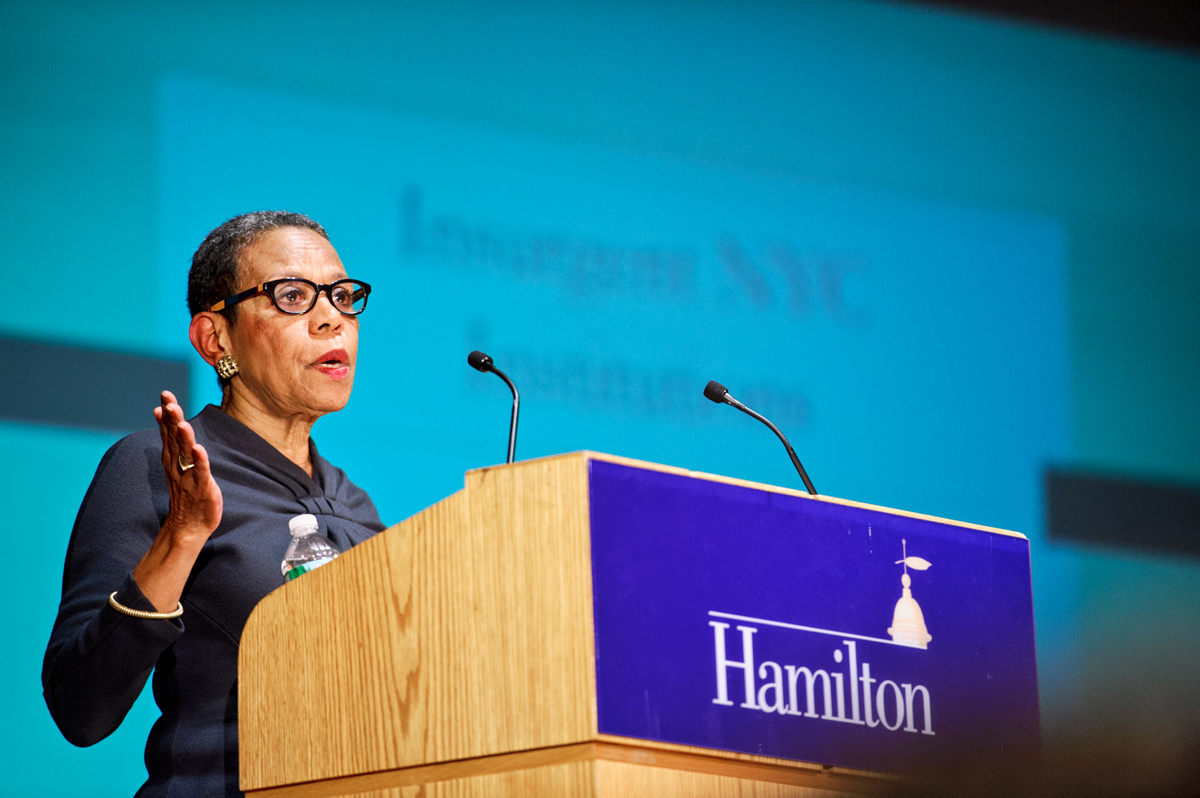 Mary Schmidt Campbell lectures prior to the dedication of the Kennedy Center.