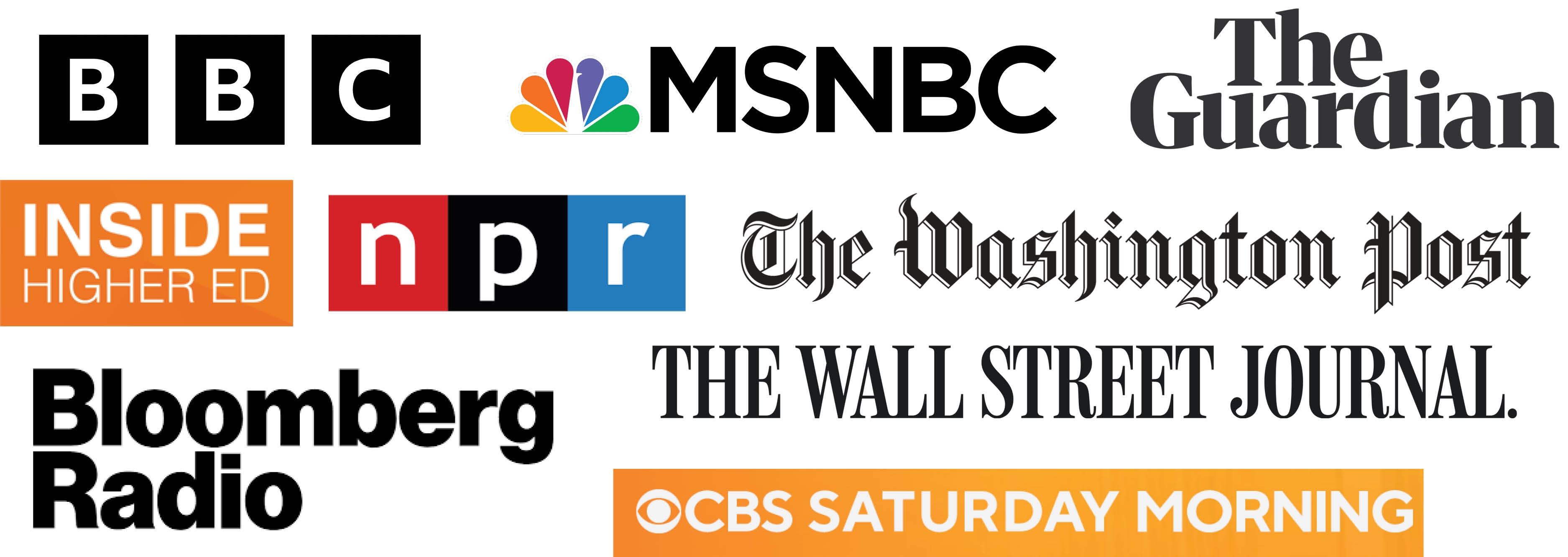 Un collage de logos de médias nationaux, dont BBC, MSNBC, The Guardian, Inside High Ed, NPR, The Washington Post, Bloomberg Radio, The Wall Street Journal et CBS Saturday Morning