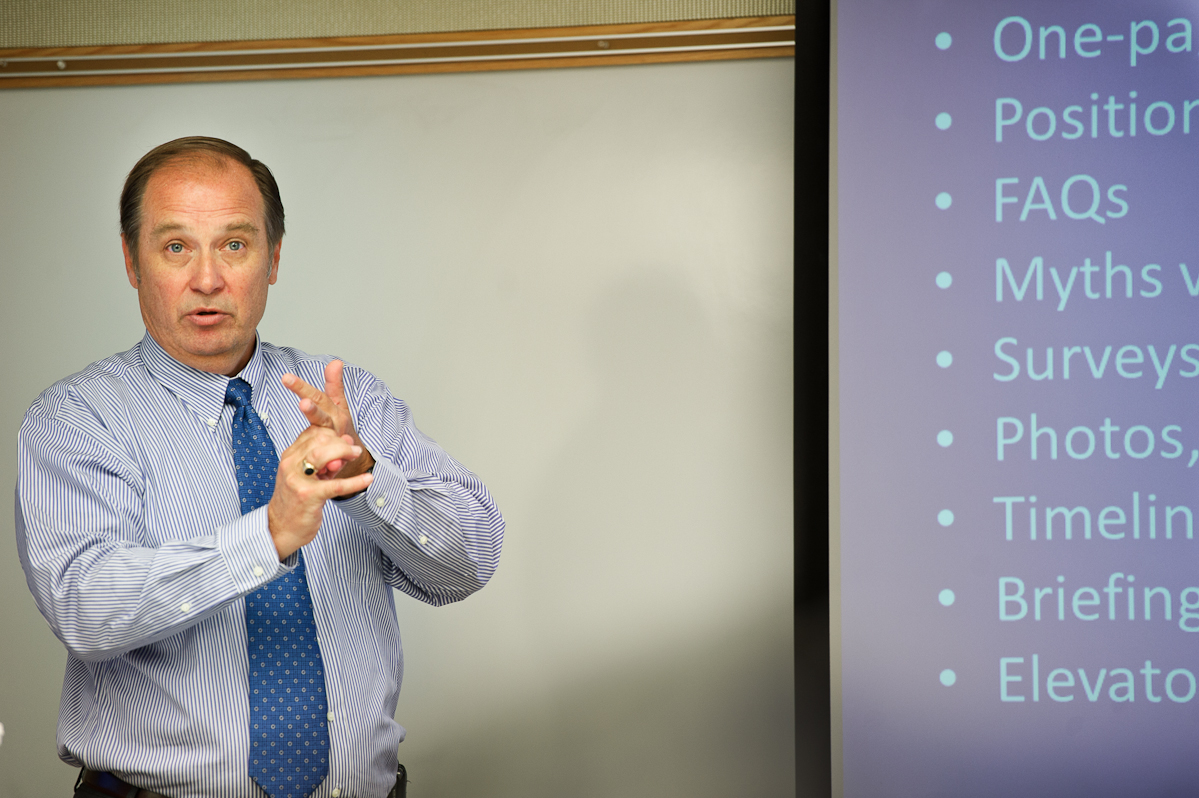 George Baker '74 talks to his senior seminar in lobbying class.