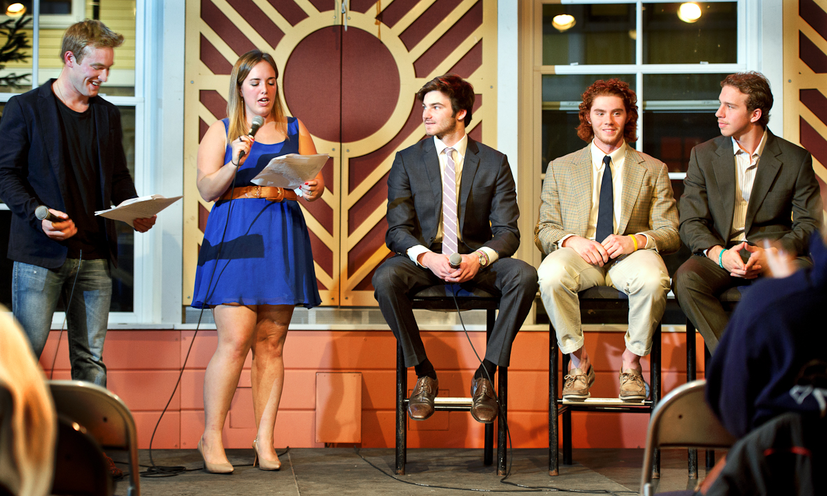 Emcees Dominic Jancaterino '15 and Dewi Caswell '14 ask questions to Charlie Fennel '17, Seamus O'Neill '17 and Brad Smelstor '17 during the Hockey Date Auction.